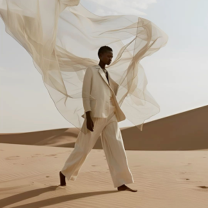 Person in flowing fabric against desert backdrop